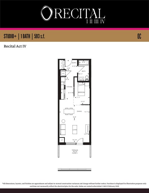 A drawing of a floor plan for a studio apartment.